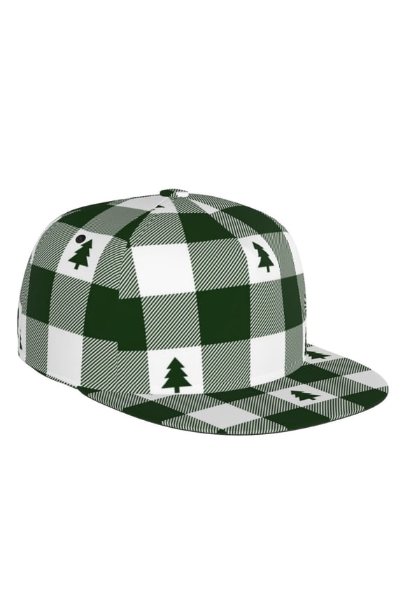 Green White Christmas Tree Lumberjack Plaid Print Snapback Hat for Men Women,Adjustable Baseball Cap