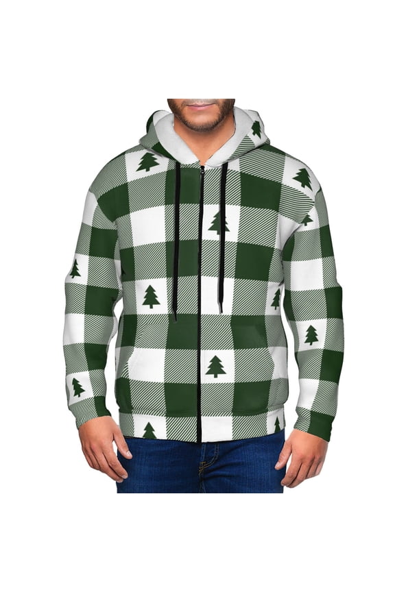 Green White Lumberjack Plaid Print Men Hoodies Casual Hoodies for Men with Zip Pockets Full Zip Long Sleeve Sweatshirt Sports Hooded Jacket-Large