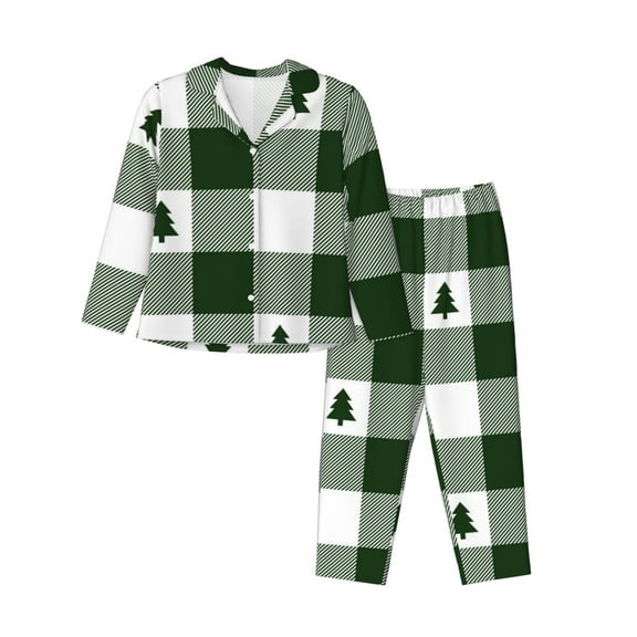Kdxio Green White Lumberjack Plaid Women's Pajama Sets Long Sleeve Button Down Sleepwear Nightwear Soft Pjs Lounge Sets-X-Large