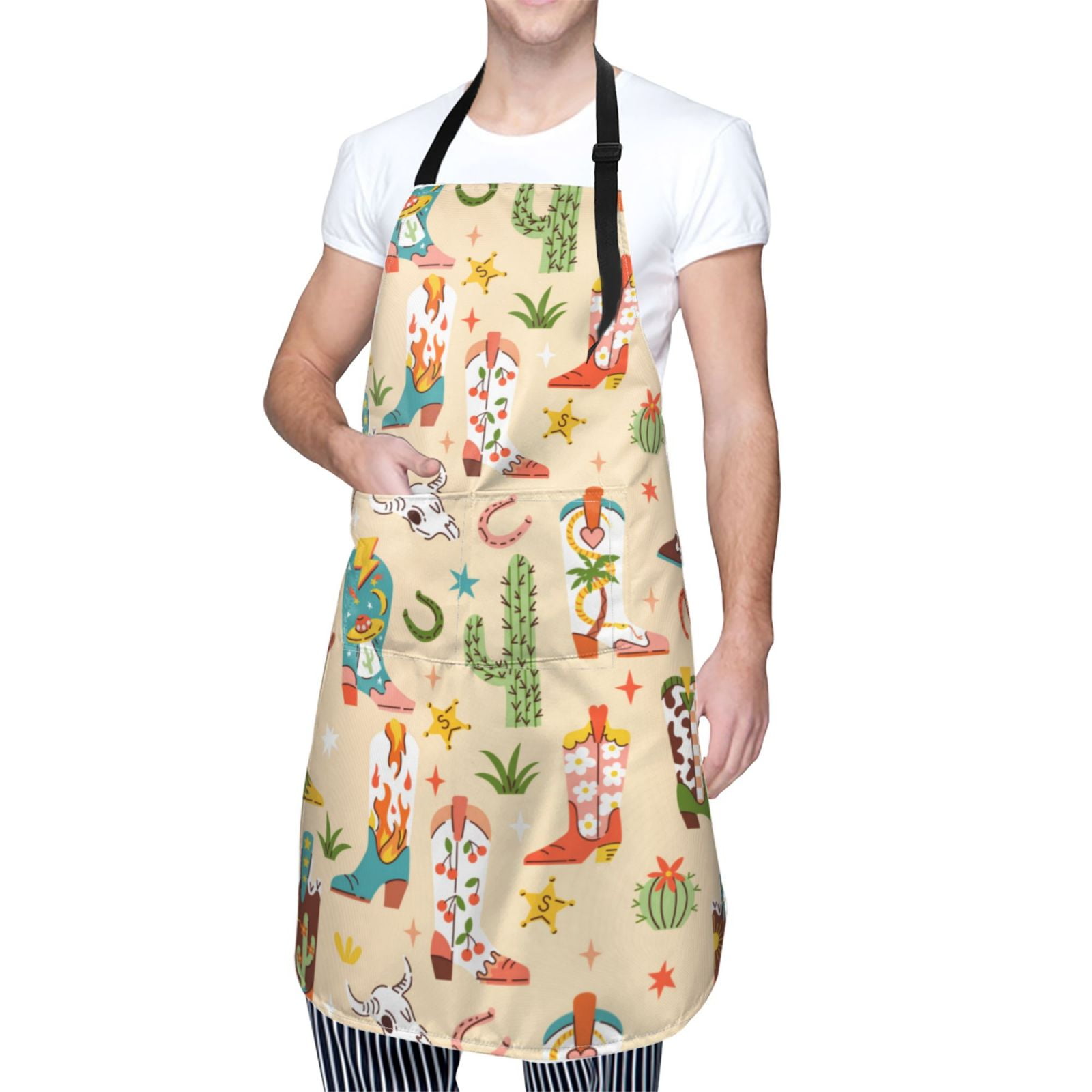 Kdxio Groovy American Western Footwear Apron with Pockets Adjustable Kitchen Aprons for Men Women Waterproof Aprons for Cooking,Drawing,Crafting, Baking Household Cleaning