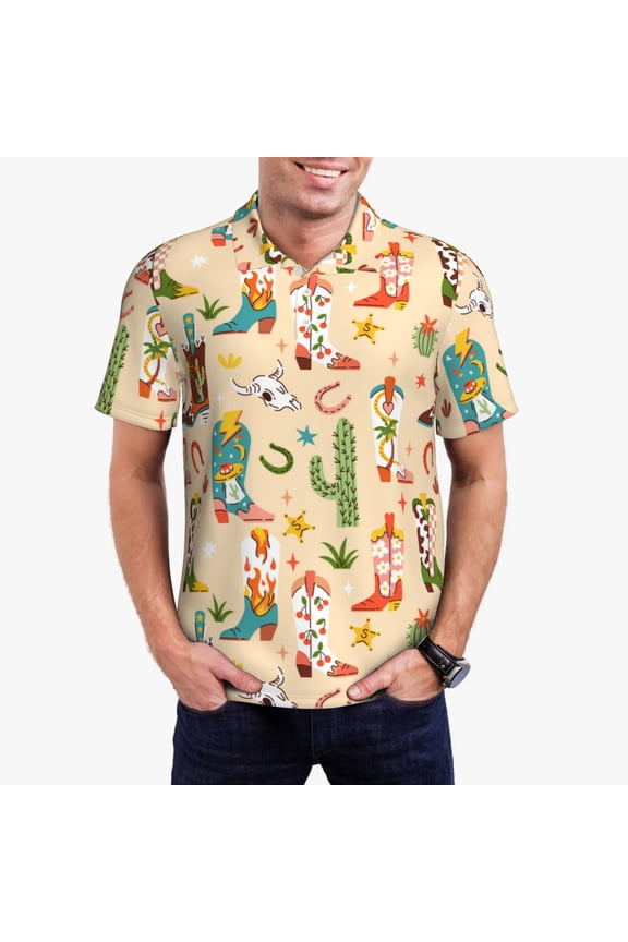 Groovy American Western Footwear Print Men's Short Sleeve Polo Shirt,Midweight Men's Shirt