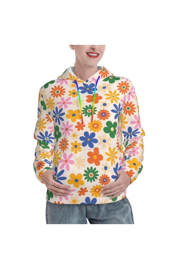Groovy Daisy Flowers Print Womens Oversized Hoodies Sweatshirts Hooded Pullover Tops Sweaters Casual-Small
