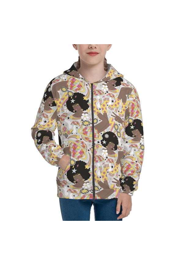 Groovy Disco Pattern Kids Boys Girls Zip Up Hoodie 3D Printed Hooded Sweatshirt Hoody Coat with Pocket 7-12 Y-Medium
