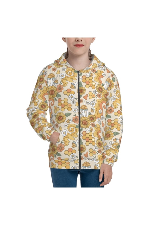 Groovy Hippie Flower Mushrooms Pattern Kids Boys Girls Zip Up Hoodie 3D Printed Hooded Sweatshirt Hoody Coat with Pocket 7-12 Y-Small