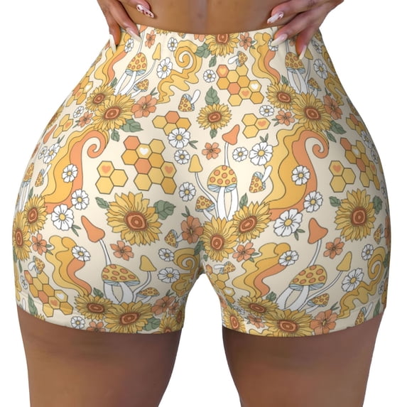 Kdxio Groovy Hippie Flower Mushrooms Print Workout Shorts for Women Seamless Soft Smooth Gym Yoga Scrunch Active Shorts