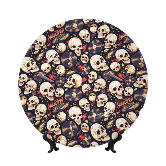 Kdxio Guitar Skull record Bone China Decorative Plate Ceramic Decorative Plate for Home Office Wall Stand Decorative Plates for Home Bedroom-6in