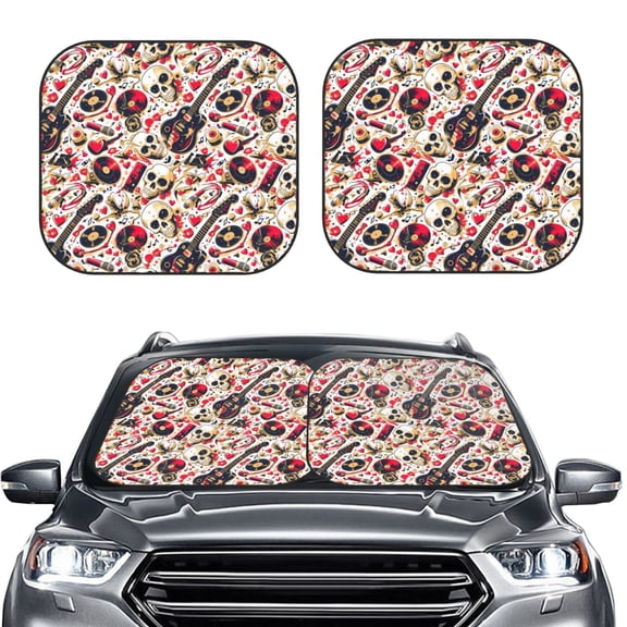 Kdxio Guitar Skull rock Print 2-Piece Sun Shade Front Windshield - Foldable Car Front Window Sunshades for Most Sedans SUV Truck