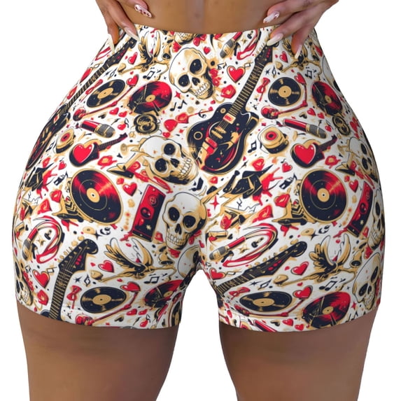 Kdxio Guitar Skull rock Print Workout Shorts for Women Seamless Soft Smooth Gym Yoga Scrunch Active Shorts