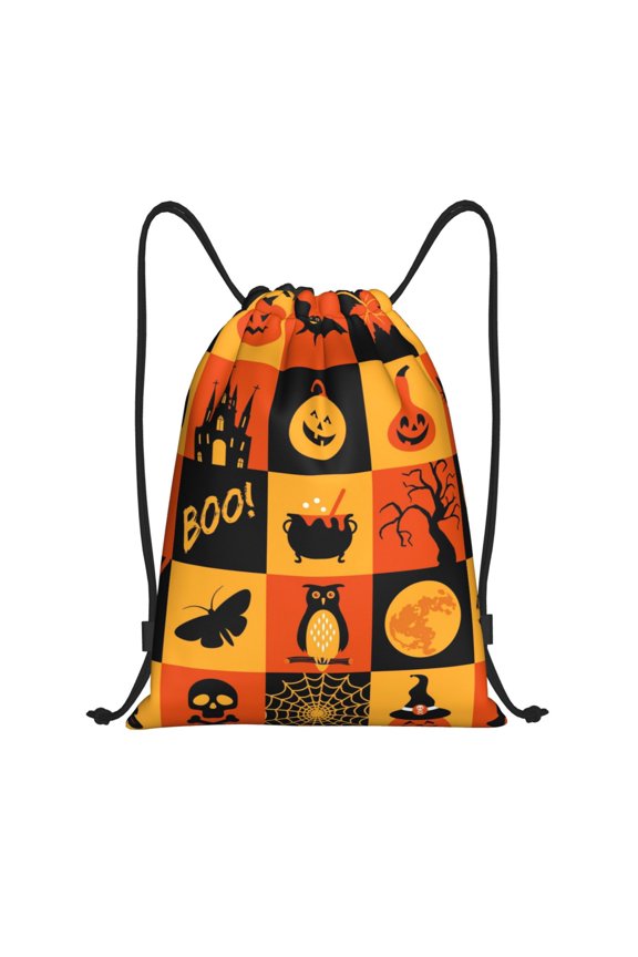 Halloween Banner Symbols Print Drawstring Backpack Bag,Waterproof Draw String Back Sack, Gym Drawstring Bags Swim Bag For Unisex