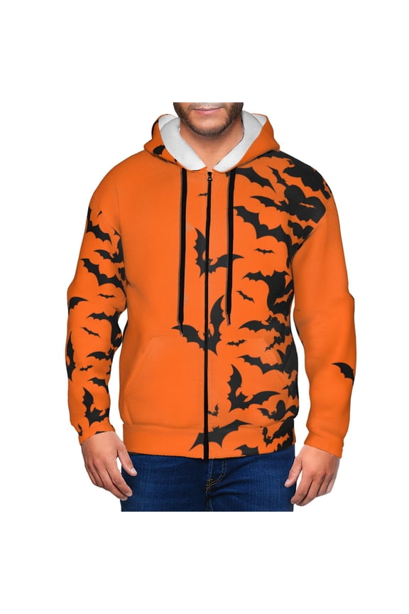 Halloween Bats Print Men Hoodies Casual Hoodies for Men with Zip Pockets Full Zip Long Sleeve Sweatshirt Sports Hooded Jacket-Small
