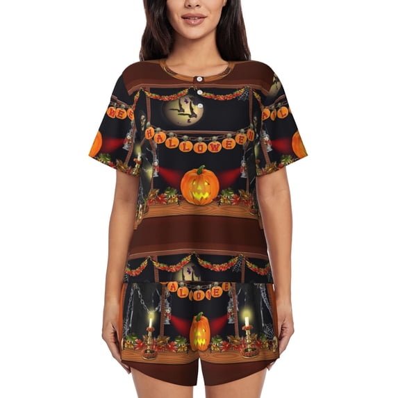 Kdxio Halloween Decoration Print Pajamas Sets for Women Short-Sleeved Pjs with Lounge Shorts Two Piece Sleepwear S-4XL