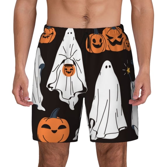 Kdxio Halloween Ghosts And Pumpkins Print Men's Swim Trunks with Compression Liner 7 Inch Inseam Quick Dry Swim Shorts