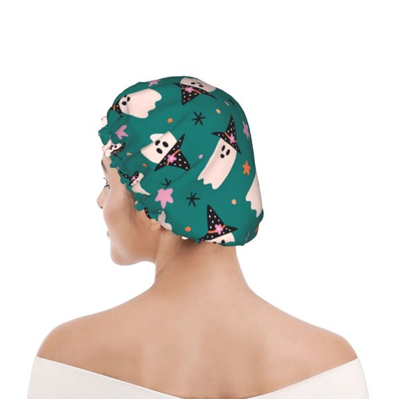 Kdxio Halloween Ghosts Print Shower Cap for Women,Elastic and Reusable,Double Waterproof Layers Bathing Hat