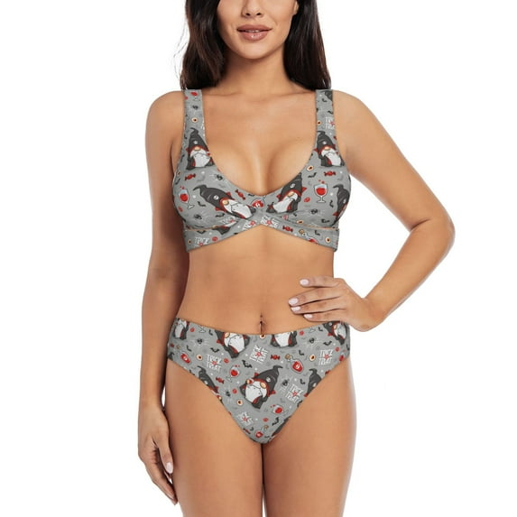 Kdxio Halloween Gnome Print Women's 2 Piece High Waisted Wrap Spaghetti Strap Summer Swimsuit Bikini Set-Medium