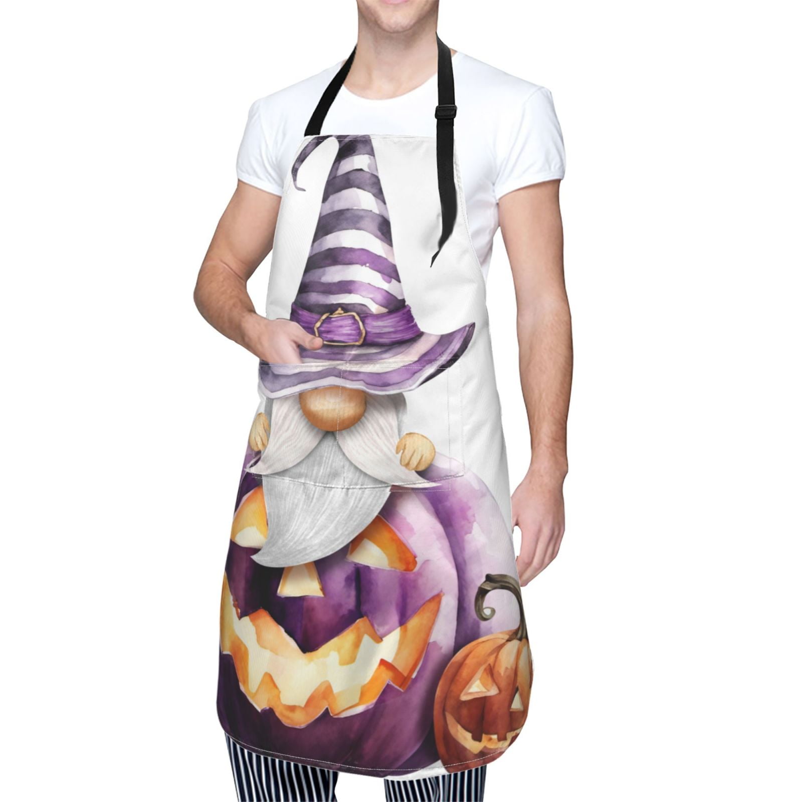 Kdxio Halloween Gnome With Pumpkins Apron with Pockets Adjustable Kitchen Aprons for Men Women Waterproof Aprons for Cooking,Drawing,Crafting, Baking Household Cleaning