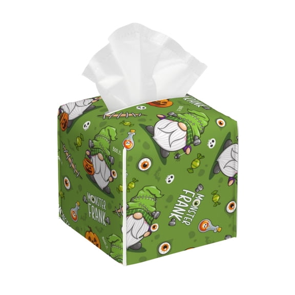 Kdxio Halloween Monster Gnome Print Tissue Box Cover,Square Decorative PU Leather Facial Paper Case Organizer Holder Dispenser for Bathroom,Night Stands,Desk,Car 5.2''X5.2''X5.2''