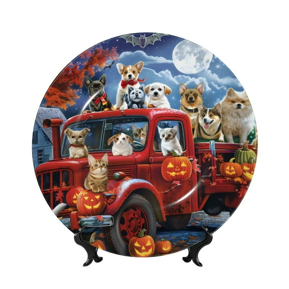 Kdxio Halloween Pets Pumpkins Bone China Decorative Plate Ceramic Decorative Plate for Home Office Wall Stand Decorative Plates for Home Bedroom-10in