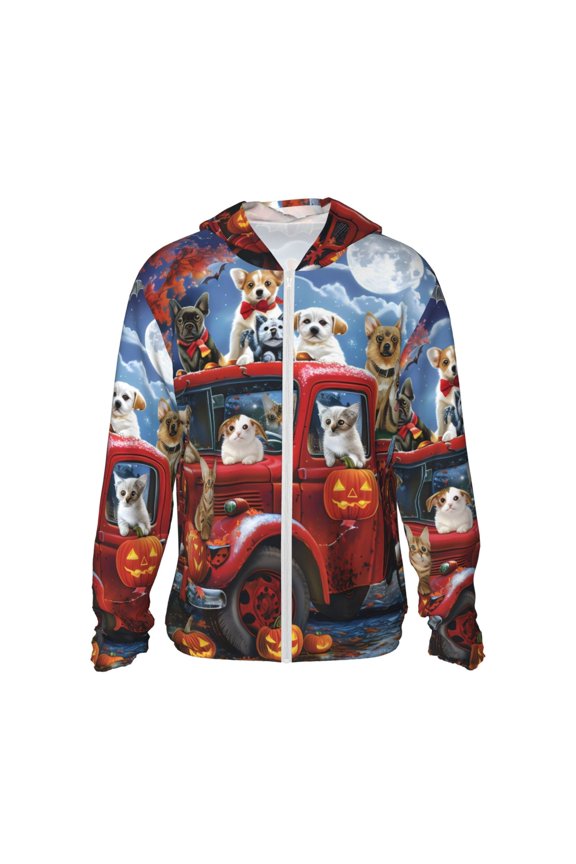 Halloween Pets Pumpkins Print Women Men Sun Protection UPF 50+ Jackets Zip Up Long Sleeve Hoodie Hiking Lightweight with Pockets