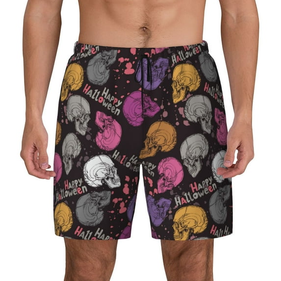 Kdxio Halloween Skeleton Print Men's Swim Trunks with Compression Liner 7 Inch Inseam Quick Dry Swim Shorts