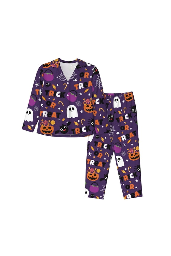 Halloween Sweet Candy Women's Pajama Sets Long Sleeve Button Down Sleepwear Nightwear Soft Pjs Lounge Sets-Medium