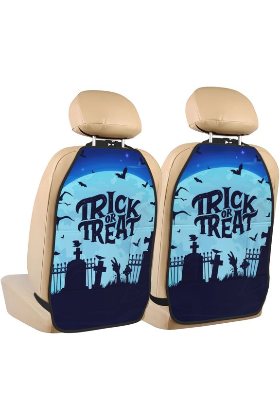 Halloween Trick Or Treat Print 2 Pack Car Kick Mat Seat Cover Back Protector Mat with Pockets for Organizer Backseat Protector and Storage Anti Kick Pad for Vehicles