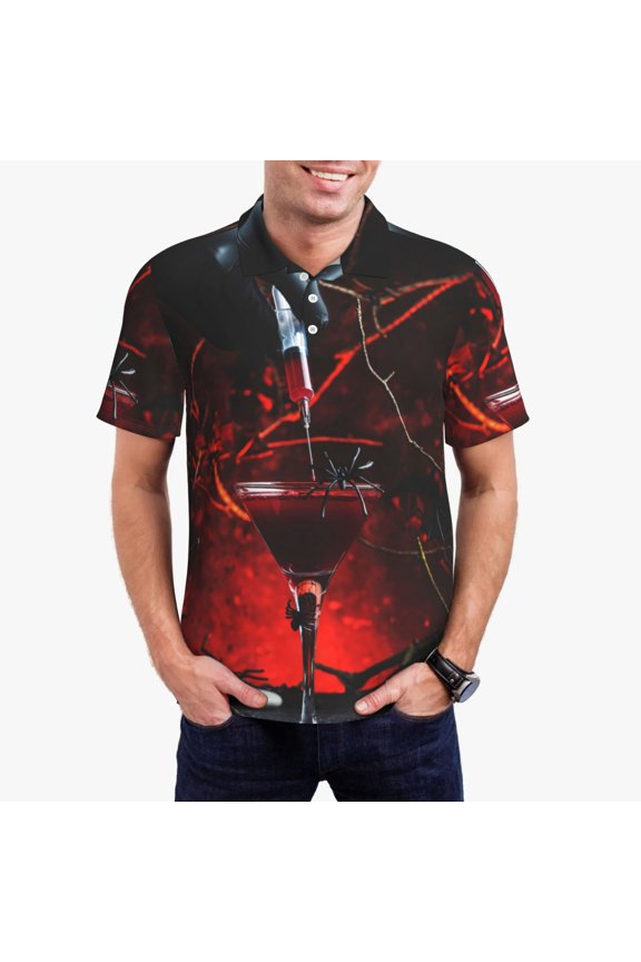 Halloween Vampire Party Print Men's Short Sleeve Polo Shirt,Midweight Men's Shirt-Large