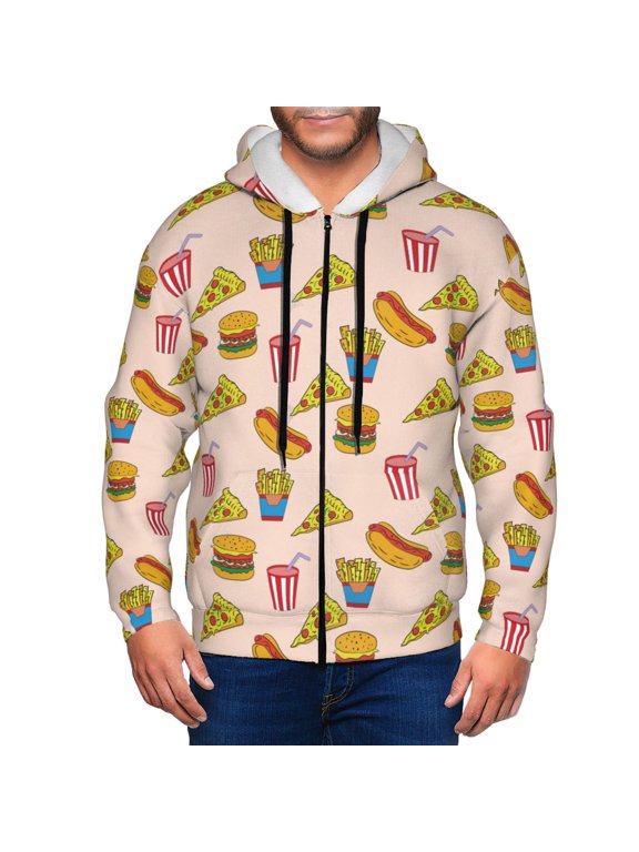 Hamburger Pizza Coke Print Men Hoodies Casual Hoodies for Men with Zip Pockets Full Zip Long Sleeve Sweatshirt Sports Hooded Jacket-Small