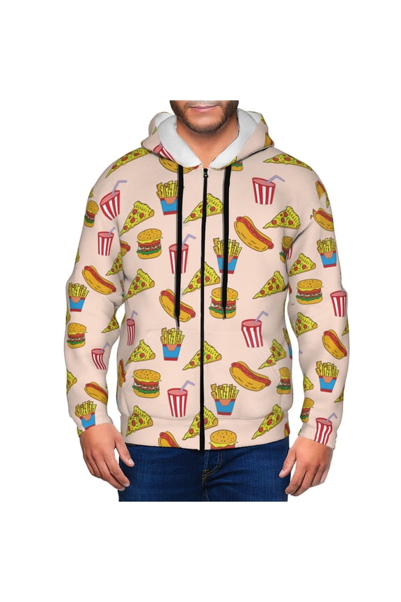 Hamburger Pizza Coke Print Men Hoodies Casual Hoodies for Men with Zip Pockets Full Zip Long Sleeve Sweatshirt Sports Hooded Jacket-Small