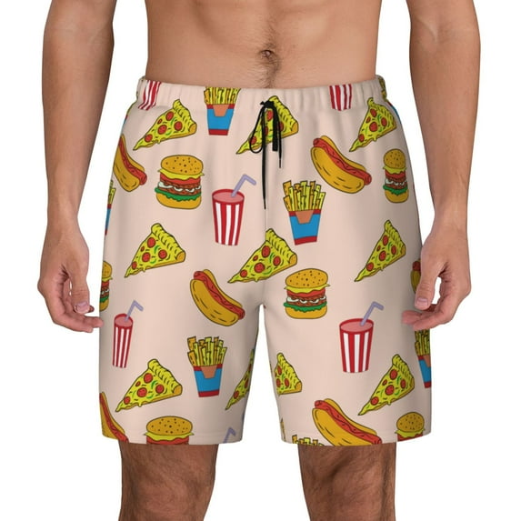 Kdxio Hamburger Pizza Coke Print Men's Swim Trunks with Compression Liner 7 Inch Inseam Quick Dry Swim Shorts