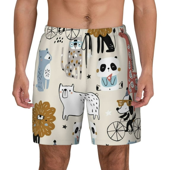 Kdxio Hand Drawn Animals Print Men'S Swim Trunks With Compression Liner 7 Inch Inseam Quick Dry Swim Shorts