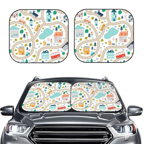 Kdxio Hand Drawn Cars Trucks Buses And Roads Print 2-Piece Sun Shade Front Windshield - Foldable Car Front Window Sunshades For Most Sedans Suv Truck