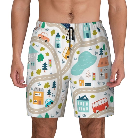 Kdxio Hand Drawn Cars Trucks Buses And Roads Print Men'S Swim Trunks With Compression Liner 7 Inch Inseam Quick Dry Swim Shorts