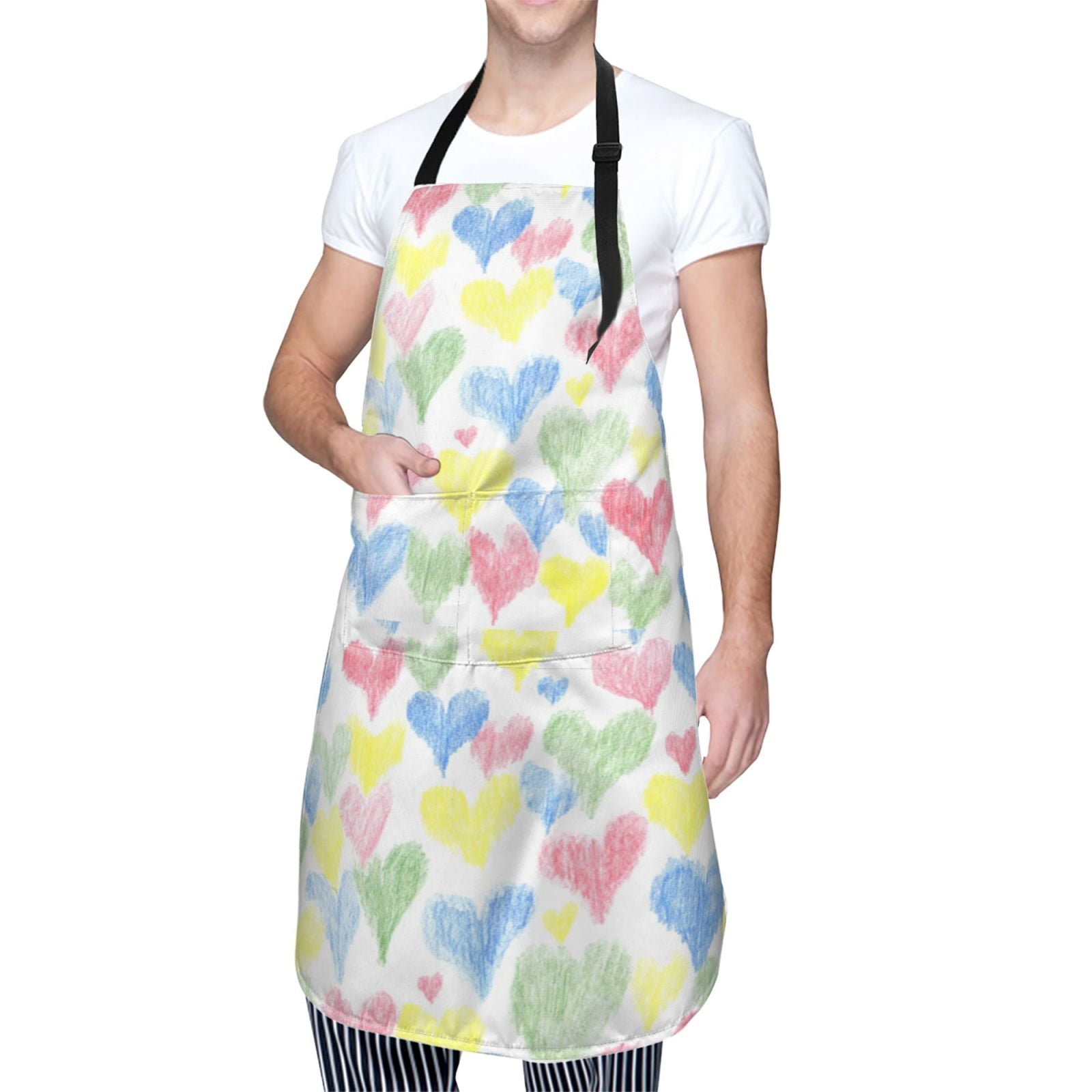 Kdxio Hand Drawn Colored Hearts Apron with Pockets Adjustable Kitchen Aprons for Men Women Waterproof Aprons for Cooking,Drawing,Crafting, Baking Household Cleaning