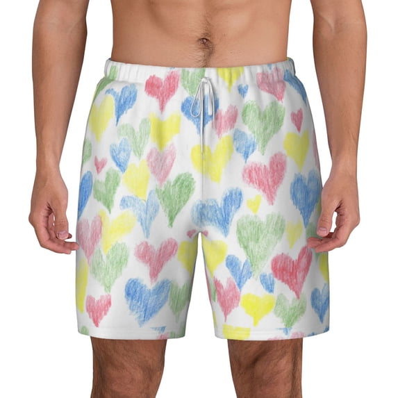 Kdxio Hand Drawn Colored Hearts Print Men'S Swim Trunks With Compression Liner 7 Inch Inseam Quick Dry Swim Shorts