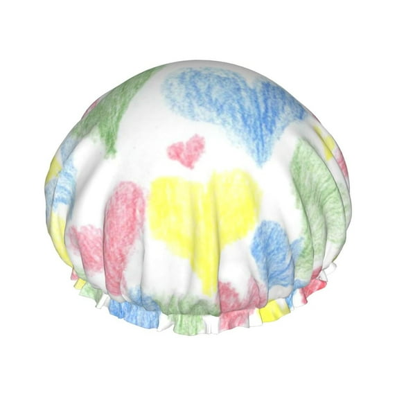 Kdxio Hand Drawn Colored Hearts Print Shower Cap for Women,Elastic and Reusable,Double Waterproof Layers Bathing Hat