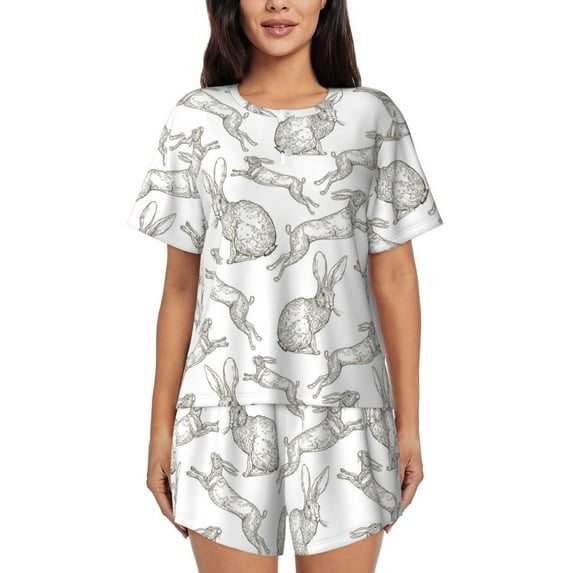Kdxio Hand Drawn Rabbit Print Pajamas Sets for Women Short-Sleeved Pjs with Lounge Shorts Two Piece Sleepwear S-4XL