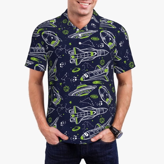 Kdxio Hand Drawn Rockets Print Men's Short Sleeve Polo Shirt,Midweight Men's Shirt