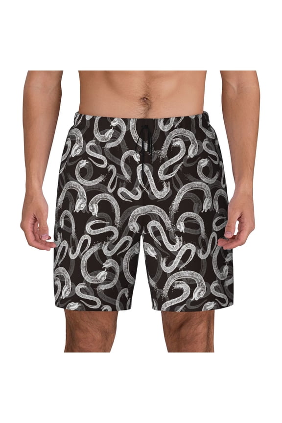 Hand Drawn Snake Print Men's Swim Trunks with Compression Liner 7 Inch Inseam Quick Dry Swim Shorts