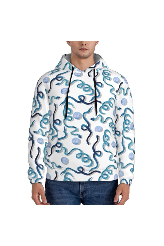 Hand Drawn Snake Print Mens Casual Hooded Collar Drawstring Hoodies Pullover Sweatshirts Casual Long Sleeve Shirts-Large