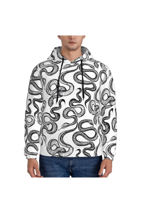 Hand Drawn Snake Print Mens Casual Hooded Collar Drawstring Hoodies Pullover Sweatshirts Casual Long Sleeve Shirts-Small