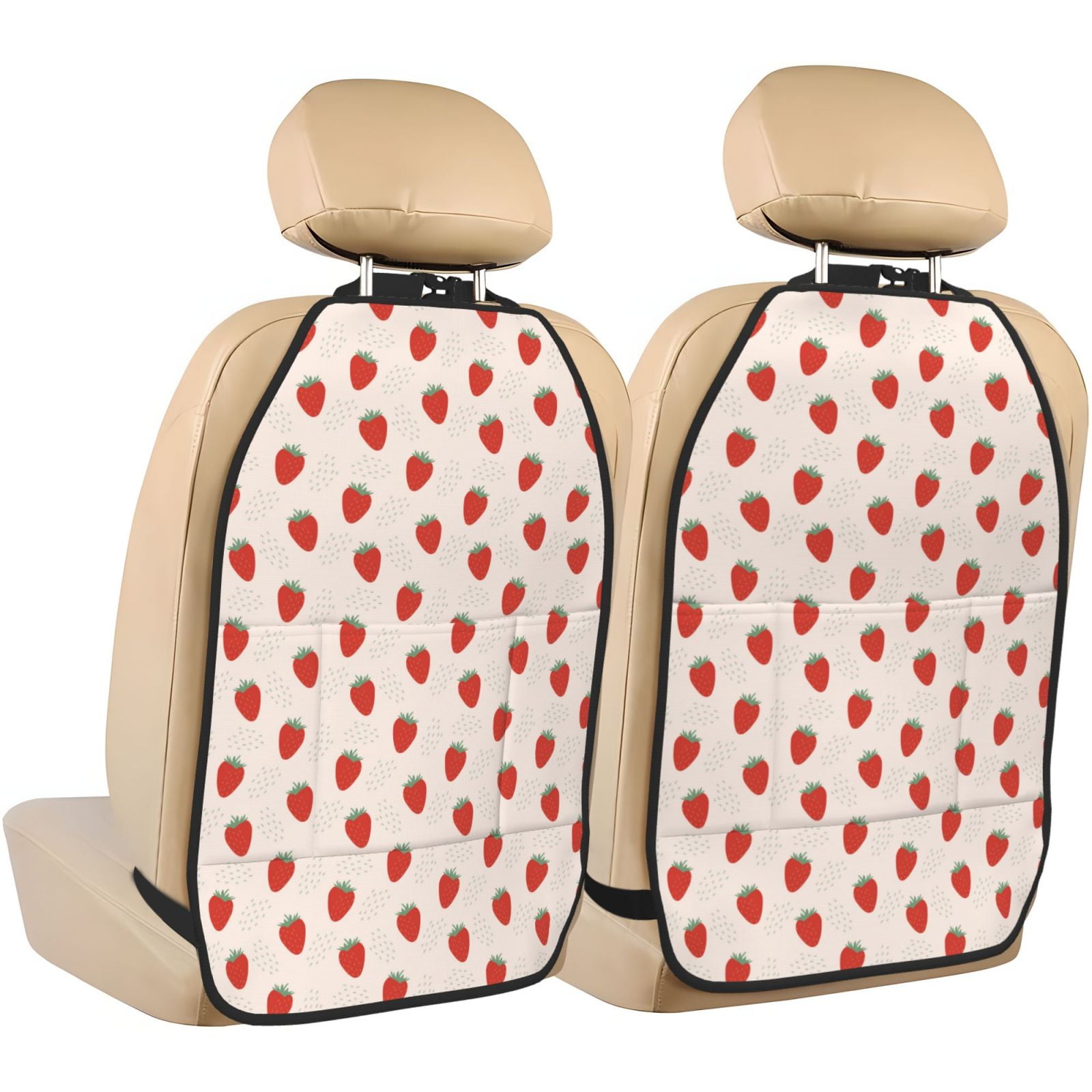 Kdxio Hand Drawn Strawberry Print 2 Pack Car Kick Mat Seat Cover Back Protector Mat with Pockets for Organizer Backseat Protector and Storage Anti Kick Pad for Vehicles