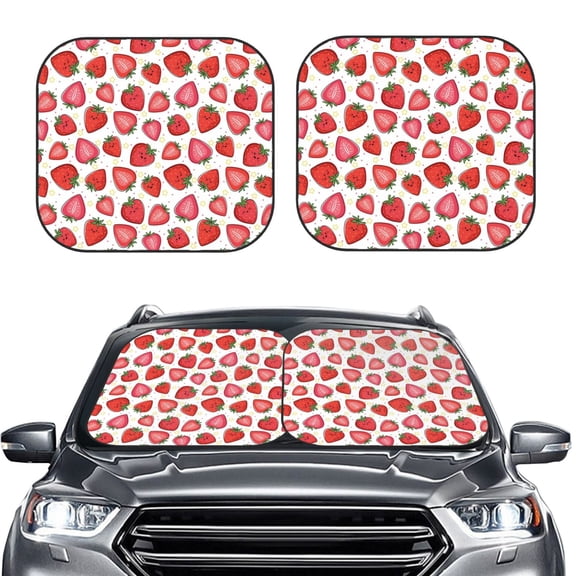 Kdxio Hand Drawn Strawberry Print 2-Piece Sun Shade Front Windshield - Foldable Car Front Window Sunshades for Most Sedans SUV Truck