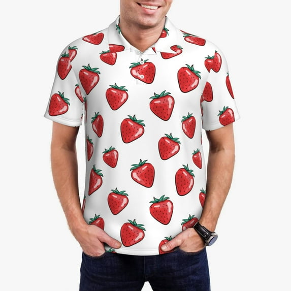 Kdxio Hand Drawn Strawberry Print Men's Short Sleeve Polo Shirt,Midweight Men's Shirt