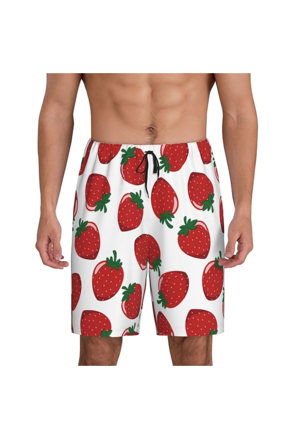 Hand Drawn Strawberry Print Mens Sleep Shorts Bottoms Soft Comfy Pajama Wear Pants with Drawstring Pockets
