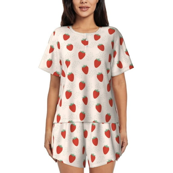 Kdxio Hand Drawn Strawberry Print Pajamas Sets for Women Short-Sleeved Pjs with Lounge Shorts Two Piece Sleepwear S-4XL