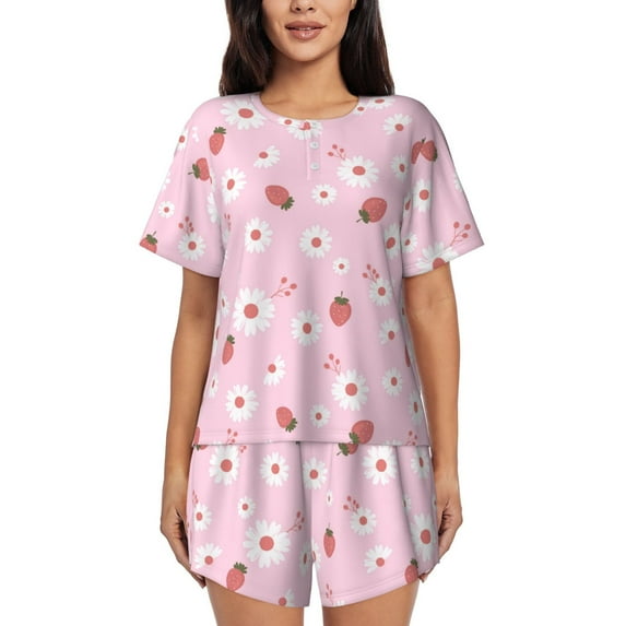Kdxio Hand Drawn Strawberry Print Pajamas Sets for Women Short-Sleeved Pjs with Lounge Shorts Two Piece Sleepwear S-4XL