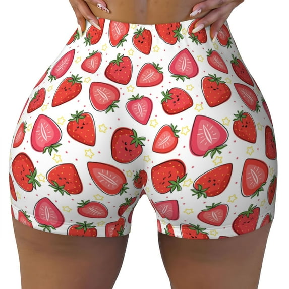 Kdxio Hand Drawn Strawberry Print Workout Shorts for Women Seamless Soft Smooth Gym Yoga Scrunch Active Shorts