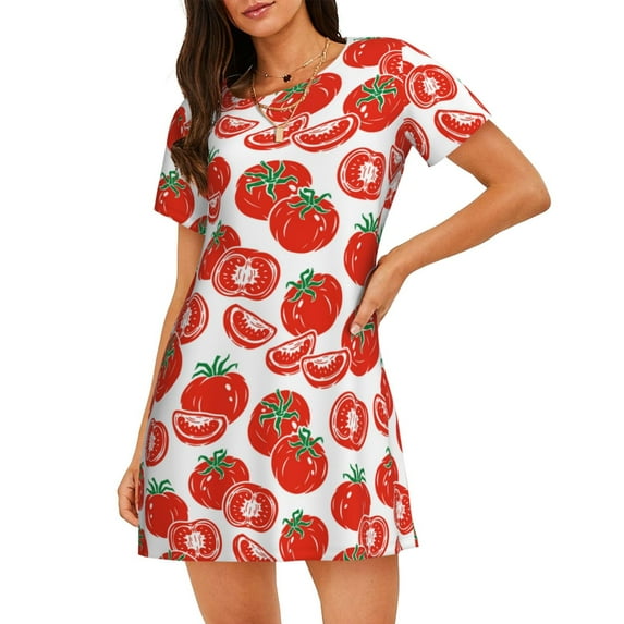 Kdxio Hand Drawn Tomatoes Pattern Womens Short Sleeve Sleepshirt Scoopneck Cute Nightdress Ruffle Comfy Nightgown