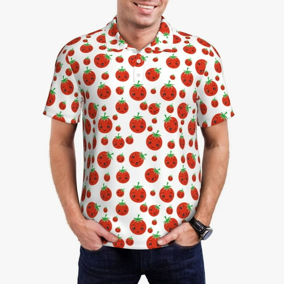 Kdxio Hand Drawn Tomatoes Print Men's Short Sleeve Polo Shirt,Midweight Men's Shirt
