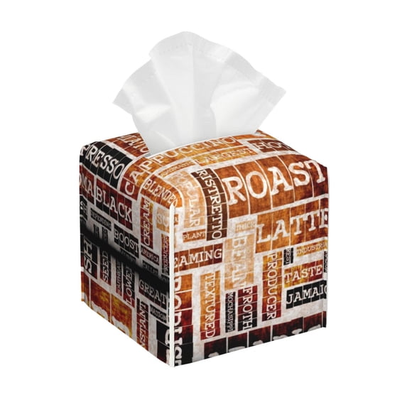 Kdxio Hand Drawn Vintage Coffee Print Tissue Box Cover,Square Decorative PU Leather Facial Paper Case Organizer Holder Dispenser for Bathroom,Night Stands,Desk,Car 5.2''X5.2''X5.2''